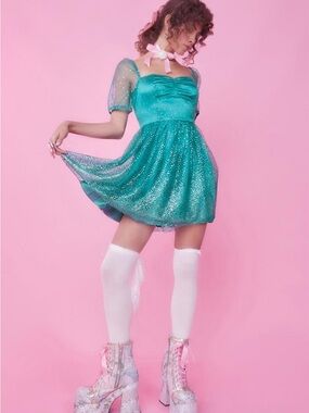 Sugar thrillz Shimmery Teal Puff Sleeve Mini Dress
